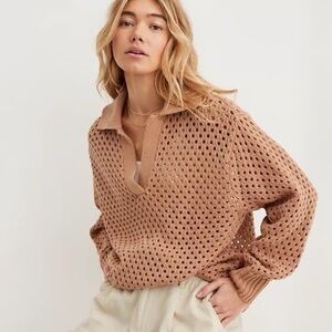 Aerie Sz M Open Knit Polo Tan Relaxed Sweater
